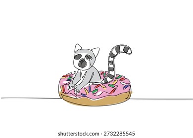 Continuous line draw of adorable lemur for pastry food concept features cute stripped tail animal sitting inside sprinkled donut. Colorful art for kids wall decor purpose with playful jungle primate