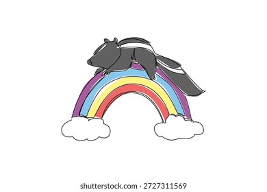 Continuous line draw of adorable skunk with white stripe is perched on a rainbow arc, grounded by billowy clouds, warmth to the whimsical sky scene. Nature concept playful animal for nursery print
