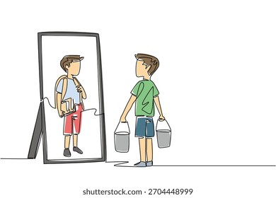 Continuous line draw of a boy carrying buckets full of brick and materials looking at his student reflection. Social concept of international event World Day Against Child Labor prevention initiative.