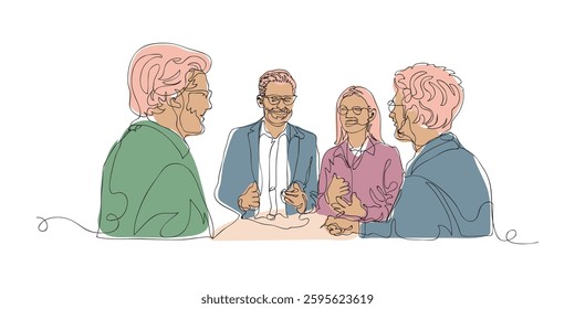 Continuous line draw, Businessman having a meeting, vector illustration.