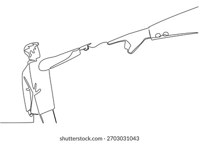 O desenho contínuo da linha do homem de negócios aponta para o dedo gigante enorme e mão, simboliza a responsabilidade ou a autoridade superior. Conceito empresarial do evento internacional National Blame Someone Else Day