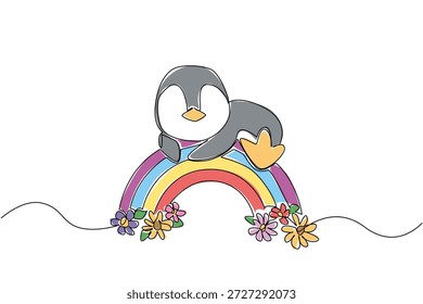 Kontinuierliche Linie zeichnen von charmanten grauen Pinguin ruht oder flach auf seinem Bauch über bunte Regenbogen Bogen mit Blumen verziert. Naturkonzept für niedliche arktische Tier, perfekt für Kinderzimmer Dekoration