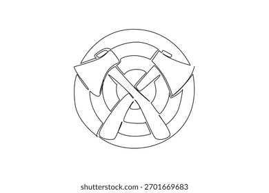 Desenho de linha contínua de eixos cruzados dispostos em camadas em um emblema de alvo de madeira redonda com anel, conceito de esportes para evento internacional, Dia Internacional de Lançamento de Machados. Símbolo da equipe ou competição lenhadora