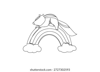 Continuous line draw of cute and adorable skunk with striped tail resting peacefully on rainbow with clouds. Nature concept for cute woodland animal, unique for kids room art and wildlife appreciation