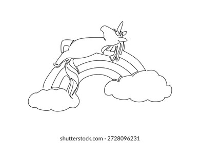 Linha contínua desenhada de unicórnio mítico mágico mágico bonito dormindo supine em um arco-íris. O design de conceito de fantasia captura um tema mágico para festas de princesa. Arte minimalista para crianças cartão de aniversário