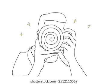 Desenho de linha contínua desenho gráfico vetor ilustração Jornalista ou repórter fazendo fotos.  Fotógrafo de desenho de uma linha única de paparazzi tirando foto com câmera digital moderna com ângulos. 