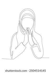  Continuous line draw design Muslim woman celebrate Islamic event with gesture poses for welcoming Ramadan.