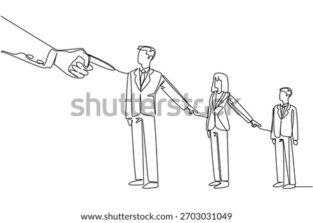 Continuous line draw of giant hand pointing at line of three business people, who turn pointing at each other. Blame culture and responsibility. International event National Blame Someone Else Day