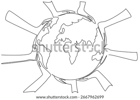 Continuous line draw of hands around Earth represents unity in environment concept for World Environment Day, promoting global cooperation, climate action, and sustainability awareness across nations.