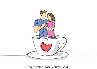 Continuous line draw of handsome male beauty female popping up inside large coffee cup. Food concept for cafe wall decor. Human couple sharing romantic caffeine moment in heart patterned mug design