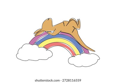Desenho de linha contínua de canguru espalhado supine em cima do arco-íris, com cauda longa esticando ao longo da curva. Contorno mínimo perfeito para adesivos com temas de viagem, lembranças da Austrália e impressão de quarto infantil