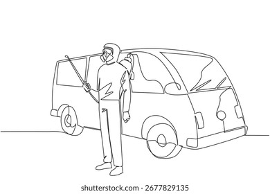 Continuous line draw of a man in protective gear and spraying equipment standing by a van, representing professional pest control service and celebrating the industry’s global efforts for World Pest