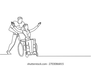 Continuous line draw of man pushing a woman in wheelchair, with the woman raising her arms in joy or freedom, symbolizing support to cancer patient and independence. National Random Acts of Light Day.