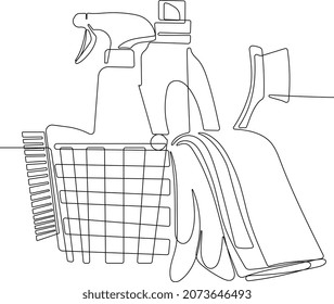 Continuous line draw of set bottles of different cleaning procucts  brushes sponges rubber gloves and cleaning products friendly cleaning in the basket. Minimal concept