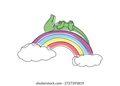Desenho de linha contínua de crocodilo verde rápido espalhando-se em posição supina através do arco-íris, aterrado por nuvem macia e macia. Conceito de natureza, diversão twist para réptil pântano animal e crianças cartaz quarto
