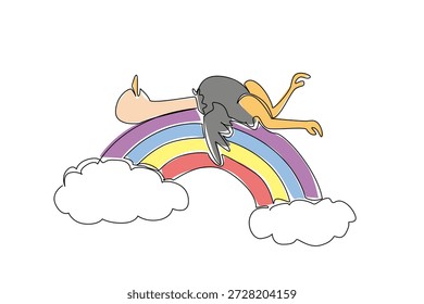 Dibujo continuo de línea de avestruz compacto alto, con cuerpo emplumado y cuello largo y arenoso, se encuentra en sueño supino. Sueño suave en el arco iris colorido, abrazado por las suaves nubes blancas abajo en el vasto cielo de la sabana