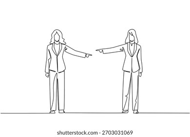 Um desenho de linha contínua de duas mulheres de negócios em pé opostas uma à outra, ambas apontando o dedo, representando culpa mútua ou conflito. Conceito empresarial do evento internacional National Blame Someone Day