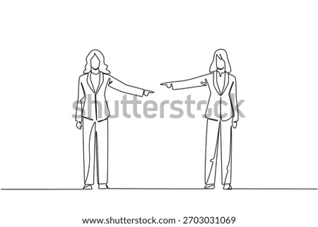 Continuous line draw of two business women standing opposite each other, both pointing finger, representing mutual blame or conflict. Business concept of international event National Blame Someone Day