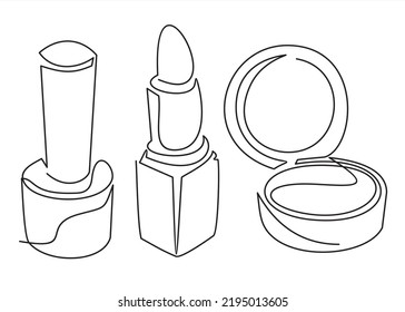 continuous line draw vector illustration-lacquer, lipstick and powder