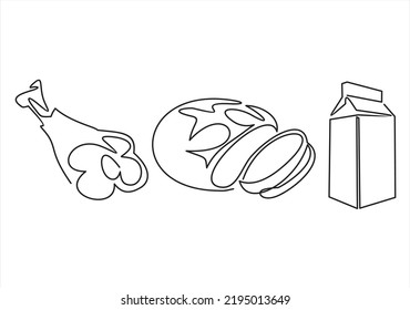 continuous line draw vector illustration-pork ham, bread and a pack of milk