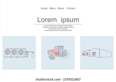 continuous line draw vector illustration-tractor, granary and warehouses