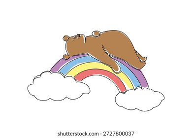 Dibujo continuo de la relajación del oso pardo caprichoso, elegantemente extendido en su espalda sobre un arco iris vívido que descansa suavemente sobre nubes esponjosas. Naturaleza de concepto forestal para el Día Mundial de la Vida Silvestre