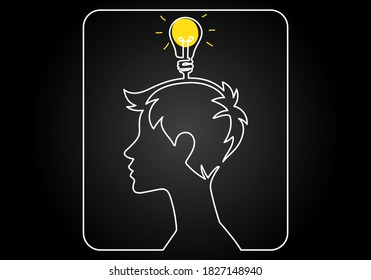  Continuous  line draw woman with light bulb on white background, Editable Stroke Line. Concept of thinking ideas inside the person's head.