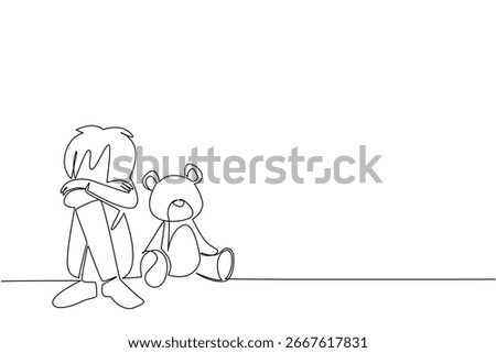 Continuous line draw of a young boy sitting beside a teddy bear, expressing trauma, loneliness, and innocence, as a psychology concept for International Day of Innocent Children Victims of Aggression