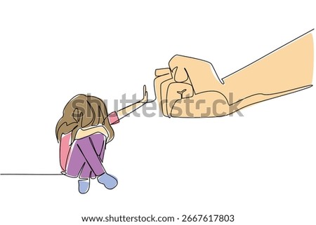Continuous line draw of a young girl raising her hand to block a fist. Resistance to child abuse and violence, as a psychology concept for International Day of Innocent Children Victim of Aggression