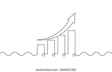 Continuous line drawig of graph. Ilustration vector of increasing arow up. Flat icon of business growth. Bar chart sign symbol. Singleline art. Oject one line