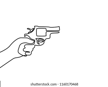 Continuous line drawin hand holds a revolver.  Vector.