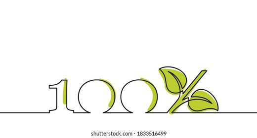 Continuous line drawing 100% with growing sprout instead of percent sign. Leaves grow seedling eco natural farm green energy organic design. Minimalist contour vector single thin line