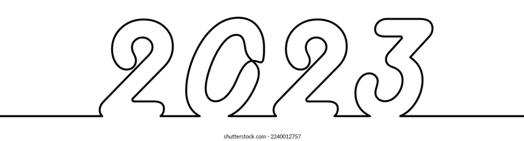 Continuous line drawing of 2023 year. One line drawing holiday background. Vector illustration. Abstract New Year background