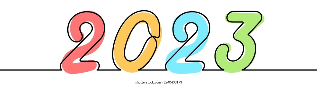 Continuous line drawing of 2023 year. One line drawing holiday background. Vector illustration. Abstract New Year background