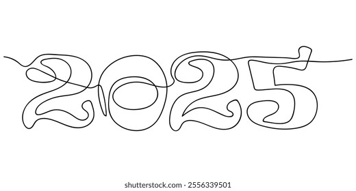 continuous line drawing 2025 number design logo minimalism concept celebration. Doodle vector illustration.