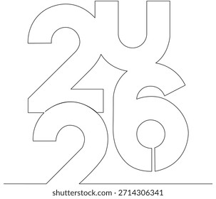 Continuous line drawing of 2026. Single line illustration of 2026, Illustration, New Year Concept. Editable outline.