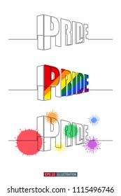 Continuous line drawing of 3d Pride word typography. Abstract horizontal isometric concept. Template for your design works. Vector illustration.