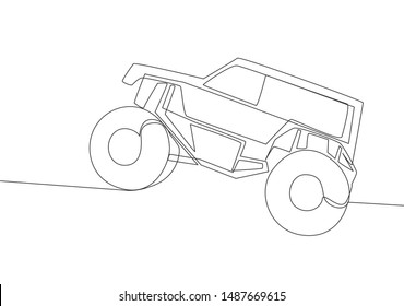 Continuous line drawing of 4x4 wheel steering offroad jeep wrangler car for competition and tournament. Rally adventure vehicle transportation concept. One single continuous line draw design