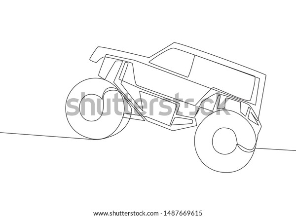 Continuous line drawing of 4x4 wheel steering\
offroad jeep wrangler car for competition and tournament. Rally\
adventure vehicle transportation concept. One single continuous\
line draw design