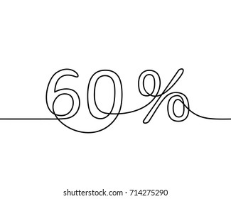 Continuous line drawing of 60 percent sign, Black and white vector minimalistic hand drawn illustration