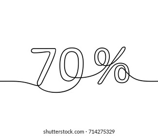 Continuous line drawing of 70 percent sign, Black and white vector minimalistic hand drawn illustration
