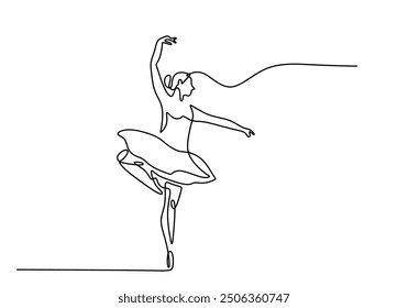 Continuous line drawing of an abstract ballet dancer. Ballerina rendered in black line art on a white background.