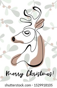 Continuous line drawing abstract deer. Modern one line animal illustration, aesthetic contour. Merry Christmas card with head of reindeer and mistletoe. Vector illustration