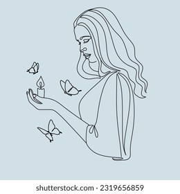 Continuous line drawing. Abstract face of Woman with a candle. Vector minimalist illustration