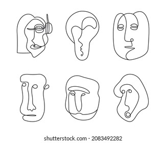 Continuous line drawing of abstract faces, artistic representation of human faces in single line technique