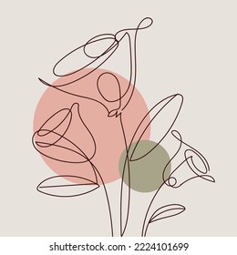 Continuous line drawing of Abstract one line art tropical flowers. Single line draw design graphic vector illustration