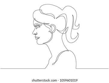 Continuous line drawing. Abstract portrait of a woman side view. Vector illustration.