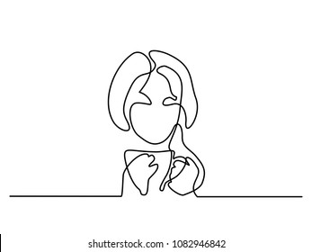 Continuous line drawing. Abstract portrait of a woman with cup of tea. Vector illustration.