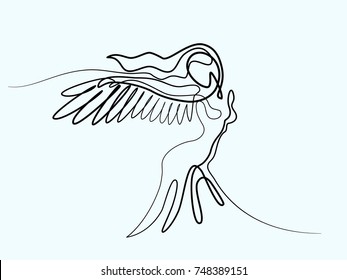 Continuous line drawing. Abstract portrait of angel woman with wings. Vector illustration. Concept for logo, card, banner, poster, flyer