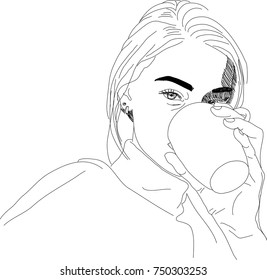 Continuous line drawing. Abstract portrait of a woman with cup of tea. Vector illustration.